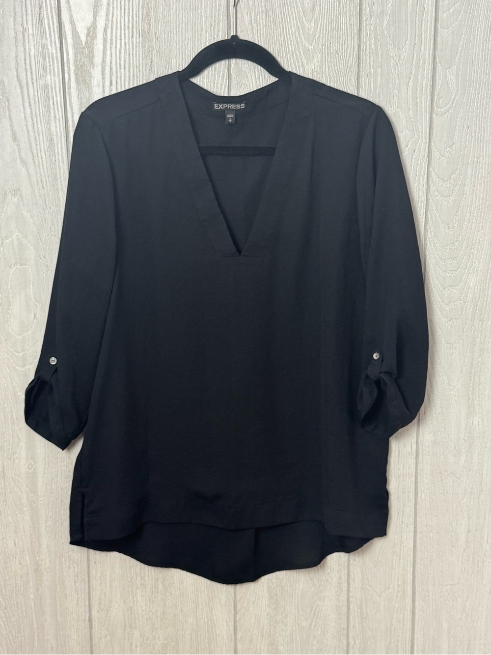M Black Express 3/4-sleeve tunic blouse, split V-neck and roll-tab sleeves
